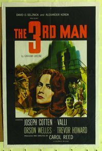 7y915 THIRD MAN 1sh '49 art of Orson Welles, plus Cotten & Valli, classic film noir!