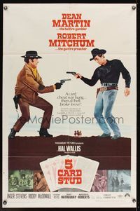 7y011 5 CARD STUD 1sh '68 cowboys Dean Martin & Robert Mitchum draw on each other!