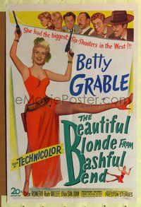 7y071 BEAUTIFUL BLONDE FROM BASHFUL BEND 1sh '49 Preston Sturges, Betty Grable has the big guns!