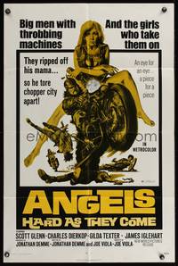 7z026 ANGELS HARD AS THEY COME 1sh '71 cool artwork of biker on his motorcycle & his babe!