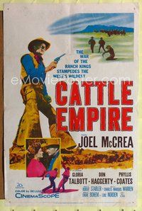 7z131 CATTLE EMPIRE 1sh '58 cool full-length image of cowboy Joel McCrea with gun drawn!