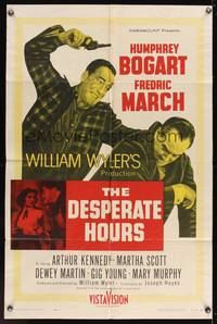 7z213 DESPERATE HOURS 1sh '55 Humphrey Bogart attacks Fredric March from behind, William Wyler
