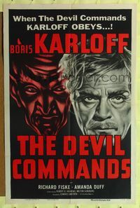 7z216 DEVIL COMMANDS 1sh R55 cool art of Boris Karloff & the iron hand of horror!