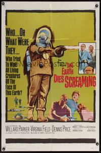 7z271 EARTH DIES SCREAMING 1sh '64 Terence Fisher sci-fi, wacky monster, who or what were they?
