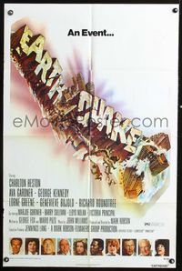 7z272 EARTHQUAKE 1sh '74 Charlton Heston, Ava Gardner, cool Joseph Smith disaster title art!