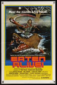 7z275 EATEN ALIVE 1sh '77 Tobe Hooper, wild horror artwork of madman w/scythe & alligator!
