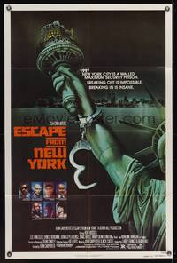 7z301 ESCAPE FROM NEW YORK advance 1sh '81 John Carpenter, Lady Liberty in handcuffs by S. Watts!