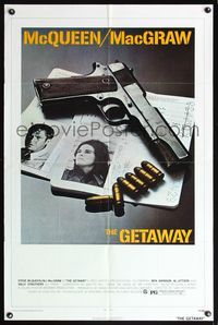 7z390 GETAWAY 1sh '72 Steve McQueen, Ali McGraw, Sam Peckinpah, cool gun image!