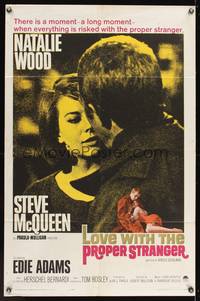 7z557 LOVE WITH THE PROPER STRANGER 1sh '64 romantic close up of Natalie Wood & Steve McQueen!