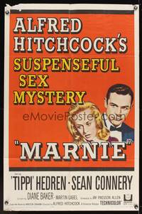7z590 MARNIE 1sh '64 Sean Connery & Tippi Hedren in Alfred Hitchcock's suspenseful sex mystery!