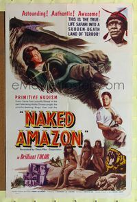 7z621 NAKED AMAZON 1sh '55 South American jungle adventure, art of girl trapped by anaconda!