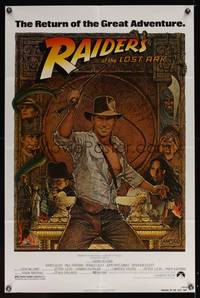 7z706 RAIDERS OF THE LOST ARK 1sh R82 great art of adventurer Harrison Ford by Richard Amsel!