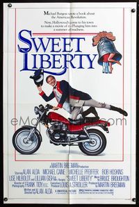 7z851 SWEET LIBERTY 1sh '86 wacky image of patriot Alan Alda on motorcycle!