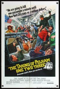 7z855 TAKING OF PELHAM ONE TWO THREE 1sh '74 cool subway train hijack art by Mort Kunstler!