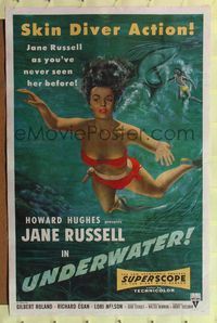 7z908 UNDERWATER 1sh '55 Howard Hughes, sexiest artwork of skin diver Jane Russell!