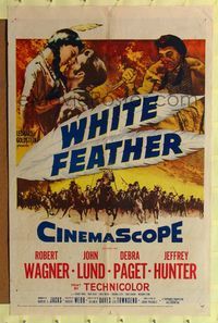 7z928 WHITE FEATHER 1sh '55 art of Robert Wagner & Native American Debra Paget!