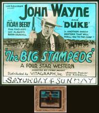 8a081 BIG STAMPEDE glass slide '32 great image of cowboy John Wayne with gun in hand!