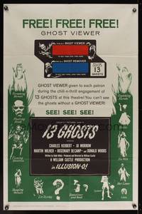 8b145 13 GHOSTS green style 1sh '60 William Castle, great art of all the spooks, Ghost Viewer!