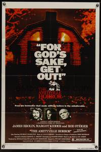 8b167 AMITYVILLE HORROR  1sh '79 AIP, great image of haunted house, for God's sake get out!