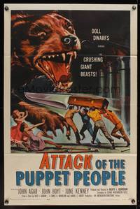 8b176 ATTACK OF THE PUPPET PEOPLE 1sh '58 great art of tiny people with steak knife attacking dog!