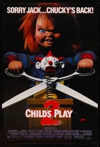 8c500 CHILD'S PLAY 2 1sh '90 great image of Chucky cutting jack-in-the-box with scissors!