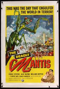 8c008 DEADLY MANTIS linen 1sh '57 classic Sawyer art of giant insect attacking Washington D.C.!