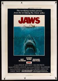 8c026 JAWS linen 1sh '75 art of Steven Spielberg's classic man-eating shark attacking sexy swimmer!