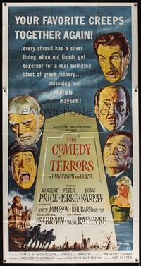 8d050 COMEDY OF TERRORS 3sh '64 Boris Karloff, Peter Lorre, Vincent Price, Joe E. Brown, Tourneur