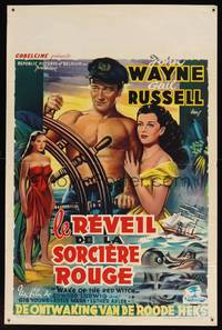 8e249 WAKE OF THE RED WITCH Belgian R1950s barechested John Wayne & Gail Russell at ship's helm!