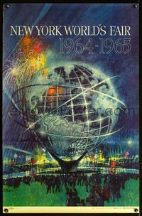 8f020 NEW YORK WORLD'S FAIR crowd style 28x43 special poster '64 Bob Peak art of the Unisphere!