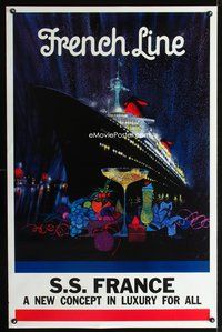 8f028 FRENCH LINE S.S. FRANCE travel poster '61 Bob Peak art of huge oceanliner!