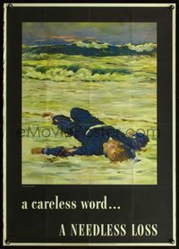 8f010 CARELESS WORD... A NEEDLESS LOSS WWII poster '43 art of sailor washed up on beach by Fischer!