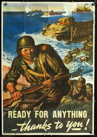 8f013 READY FOR ANYTHING WWII poster '43 art of soldiers storming the beaches by Amos Sewell!