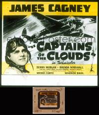 8g024 CAPTAINS OF THE CLOUDS glass slide '42 pilot James Cagney, cool art of World War II plane!