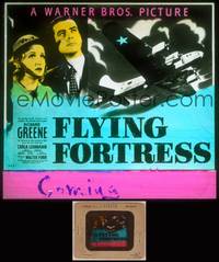 8g036 FLYING FORTRESS glass slide '42 Richard Greene, Carla Lehmann, cool World War II plane!