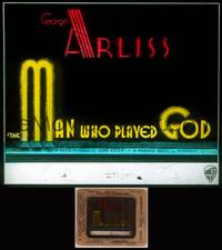 8g064 MAN WHO PLAYED GOD glass slide '32 George Arliss, cool deco title lettering design!