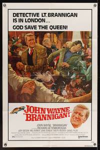 8h115 BRANNIGAN 1sh '75 Douglas Hickox, great art of fighting John Wayne in England!