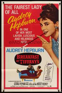 8h118 BREAKFAST AT TIFFANY'S 1sh R65 great artwork of sexy elegant Audrey Hepburn!