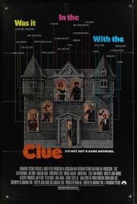 8h204 CLUE 1sh '85 Madeline Kahn, Tim Curry, Christopher Lloyd, cool board game poster design!