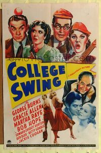 8h210 COLLEGE SWING style A 1sh '38 George Burns & Gracie, w/wacky Martha Raye & Bob Hope!