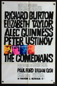 8h211 COMEDIANS style A 1sh '67 art of Richard Burton, Elizabeth Taylor, Alec Guinness & Ustinov!
