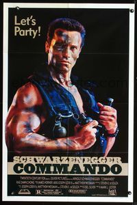 8h214 COMMANDO let's party 1sh '85 cool image of Arnold Schwarzenegger w/grenades!