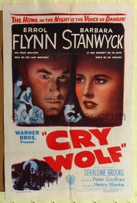 8h237 CRY WOLF 1sh '47 great close image of Errol Flynn & Barbara Stanwyck!