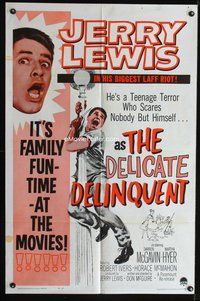 8h260 DELICATE DELINQUENT 1sh R62 wacky teen-age terror Jerry Lewis hanging from light post!
