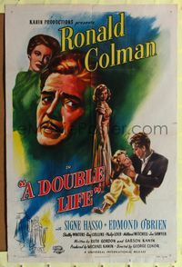 8h302 DOUBLE LIFE 1sh '47 film noir, Ronald Colman, Signe Hasso & pretty Shelley Winters!