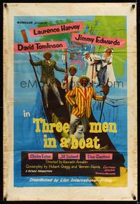 8h918 THREE MEN IN A BOAT English 1sh '56 Laurence Harvey, wacky art of cast on gondola!