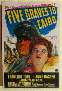 8h363 FIVE GRAVES TO CAIRO style A 1sh '43 Billy Wilder, Nazi Erich von Stroheim & Anne Baxter!