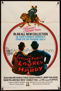 8h391 FURTHER PERILS OF LAUREL & HARDY 1sh '67 great image of Stan & Ollie riding lion!