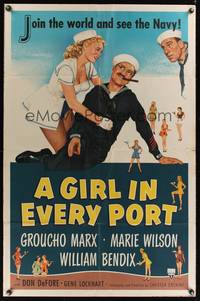 8h405 GIRL IN EVERY PORT 1sh '52 artwork of wacky sailor Groucho Marx & sexy Marie Wilson!