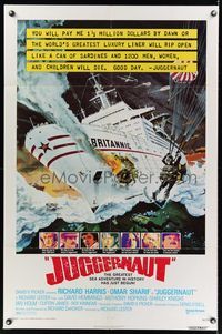 8h558 JUGGERNAUT 1sh '74 Richard Harris, art of ocean liner under attack by Bob McCall!